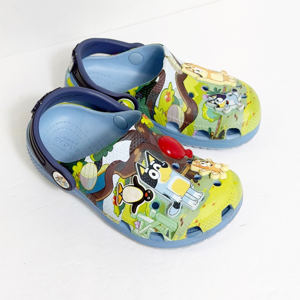 Crocs Clogs Kids Size 9 Blue Bluey Bingo Character Graphic Slip On Shoes